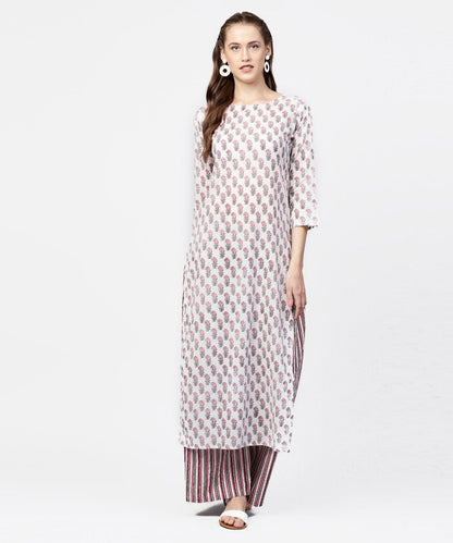 Off White Printed 3/4Th Sleeve Straight Kurta With Striped Regular Fit Palazzo | LASVINI - Redefining Indian Fashion with Elegance