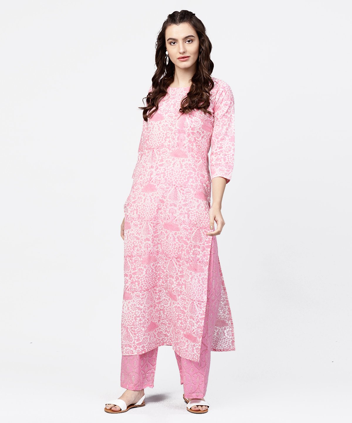 Pink Printed 3/4Th Sleeve Straight Kurta With Printed Palazzo Set | LASVINI - Redefining Indian Fashion with Elegance