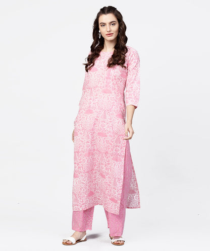 Pink Printed 3/4Th Sleeve Straight Kurta With Printed Palazzo Set | LASVINI - Redefining Indian Fashion with Elegance