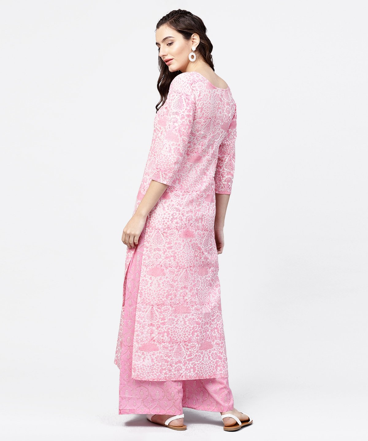 Pink Printed 3/4Th Sleeve Straight Kurta With Printed Palazzo Set | LASVINI - Redefining Indian Fashion with Elegance