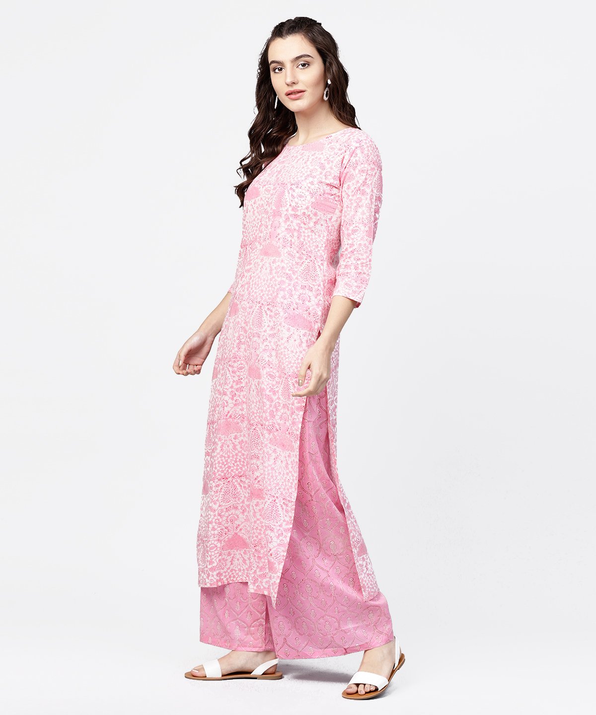 Pink Printed 3/4Th Sleeve Straight Kurta With Printed Palazzo Set | LASVINI - Redefining Indian Fashion with Elegance