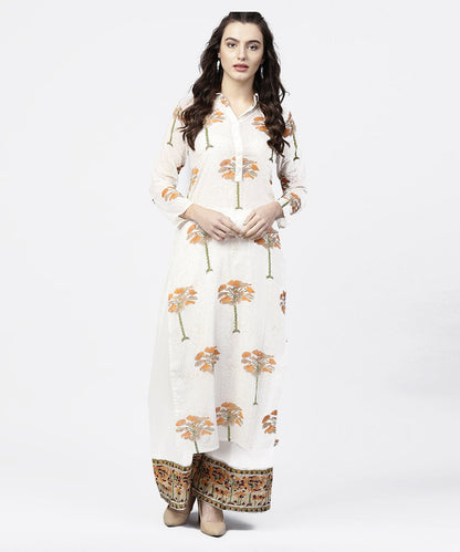 Off White Printed 3/4Th Sleeve Straight Kurta With Printed Palazzo Set | LASVINI - Redefining Indian Fashion with Elegance