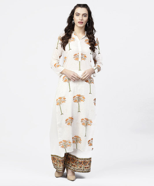 Off White Printed 3/4Th Sleeve Straight Kurta With Printed Palazzo Set | LASVINI - Redefining Indian Fashion with Elegance