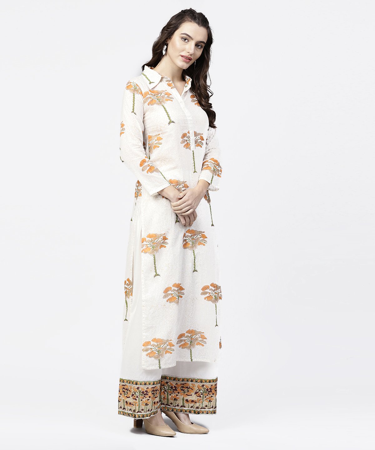Off White Printed 3/4Th Sleeve Straight Kurta With Printed Palazzo Set | LASVINI - Redefining Indian Fashion with Elegance