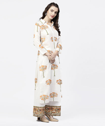Off White Printed 3/4Th Sleeve Straight Kurta With Printed Palazzo Set | LASVINI - Redefining Indian Fashion with Elegance