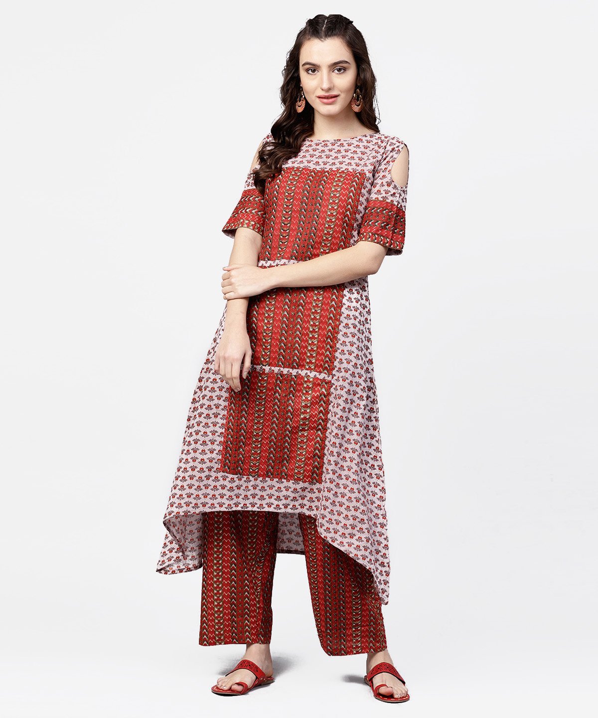 Maroon Printed Half Cold Shoulder Sleeve Low-High Kurta With Printed Palazzo Set | LASVINI - Redefining Indian Fashion with Elegance