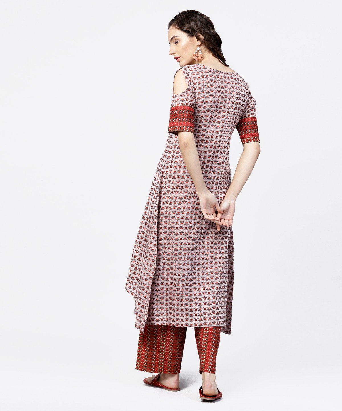 Maroon Printed Half Cold Shoulder Sleeve Low-High Kurta With Printed Palazzo Set | LASVINI - Redefining Indian Fashion with Elegance