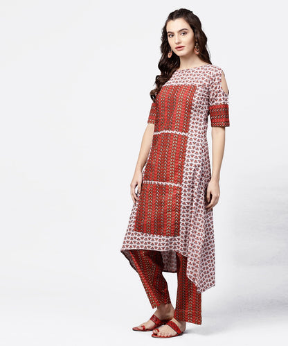 Maroon Printed Half Cold Shoulder Sleeve Low-High Kurta With Printed Palazzo Set | LASVINI - Redefining Indian Fashion with Elegance