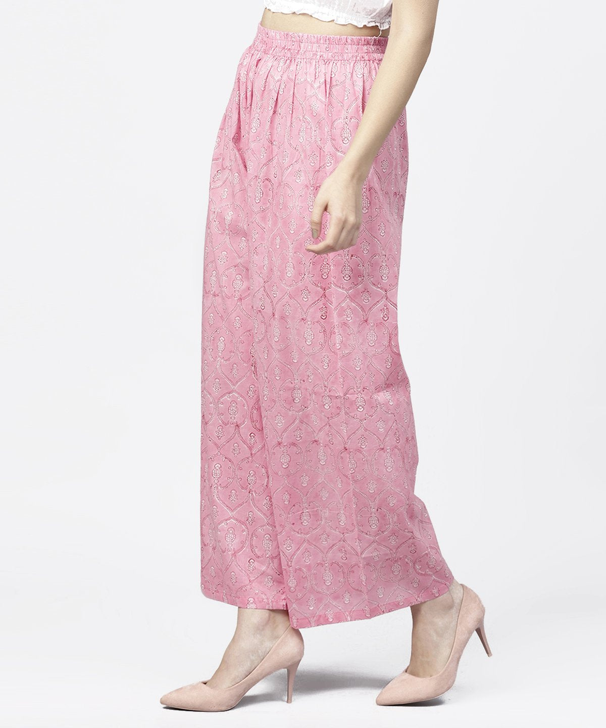 Pink  Printed Ankle Length Cotton Regular Fit Palazzo | LASVINI - Redefining Indian Fashion with Elegance