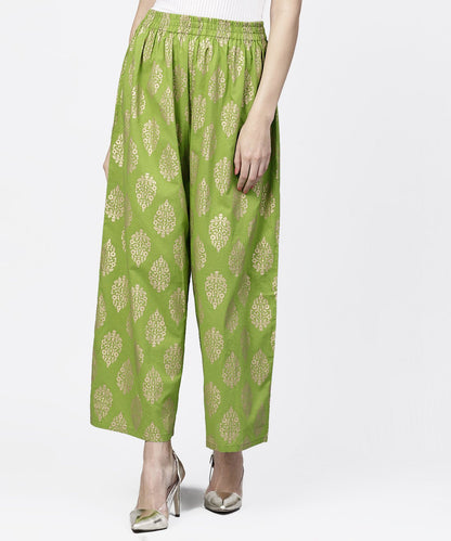 Green Khadi Gold Printed Ankle Length Palazzo | LASVINI - Redefining Indian Fashion with Elegance