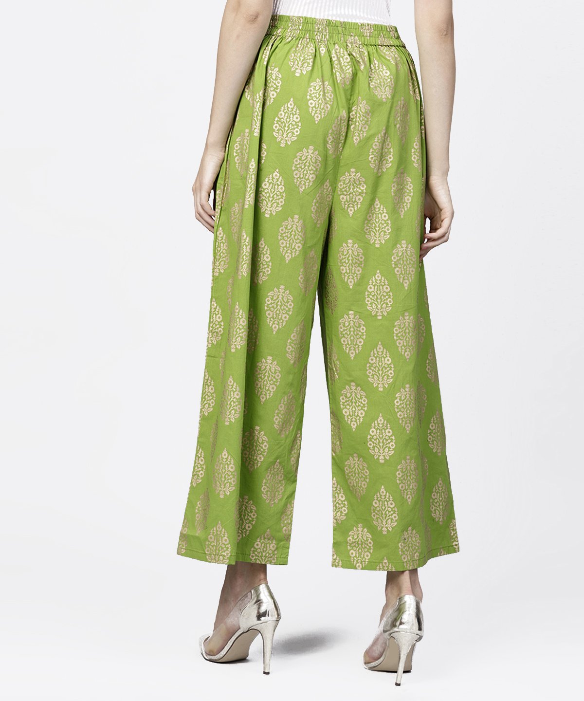 Green Khadi Gold Printed Ankle Length Palazzo | LASVINI - Redefining Indian Fashion with Elegance