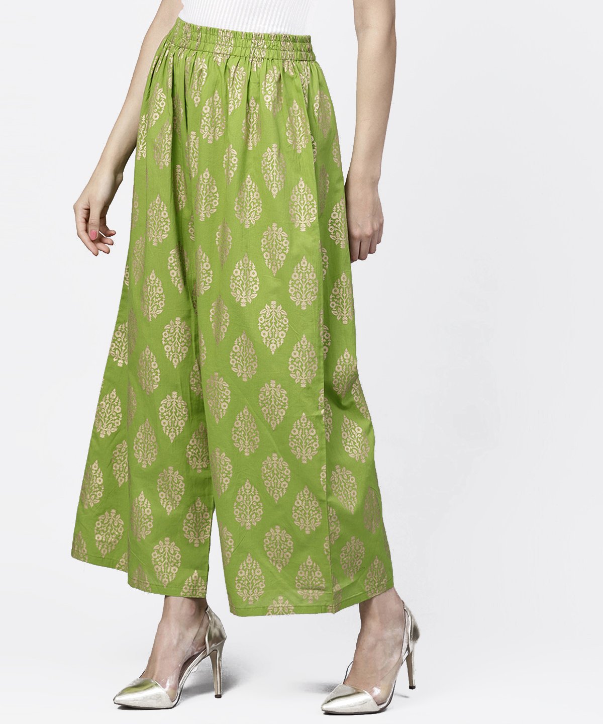 Green Khadi Gold Printed Ankle Length Palazzo | LASVINI - Redefining Indian Fashion with Elegance
