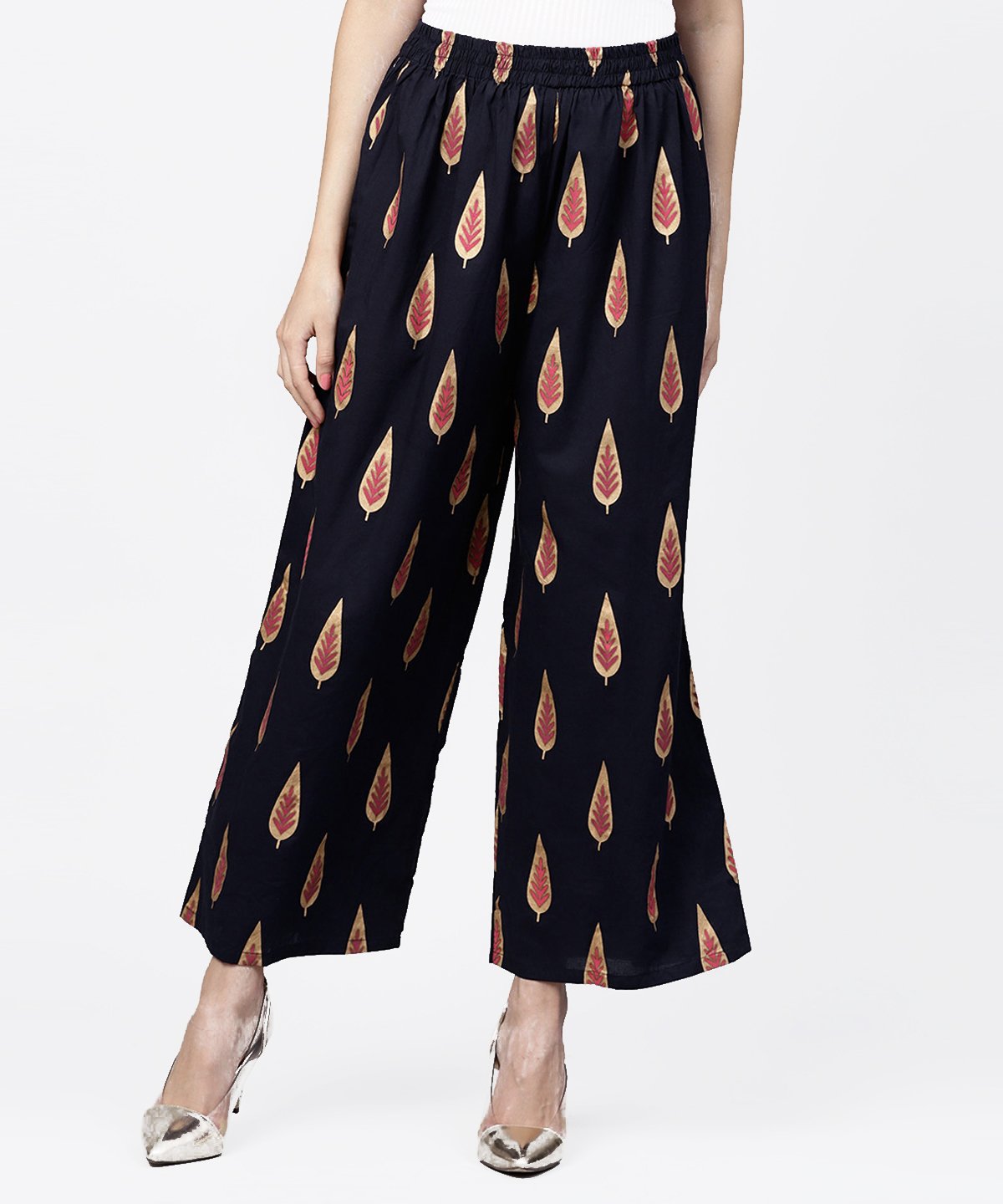 Navy Blue Khadi Gold Printed Ankle Length Palazzo | LASVINI - Redefining Indian Fashion with Elegance