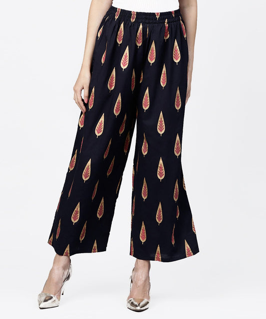 Navy Blue Khadi Gold Printed Ankle Length Palazzo | LASVINI - Redefining Indian Fashion with Elegance