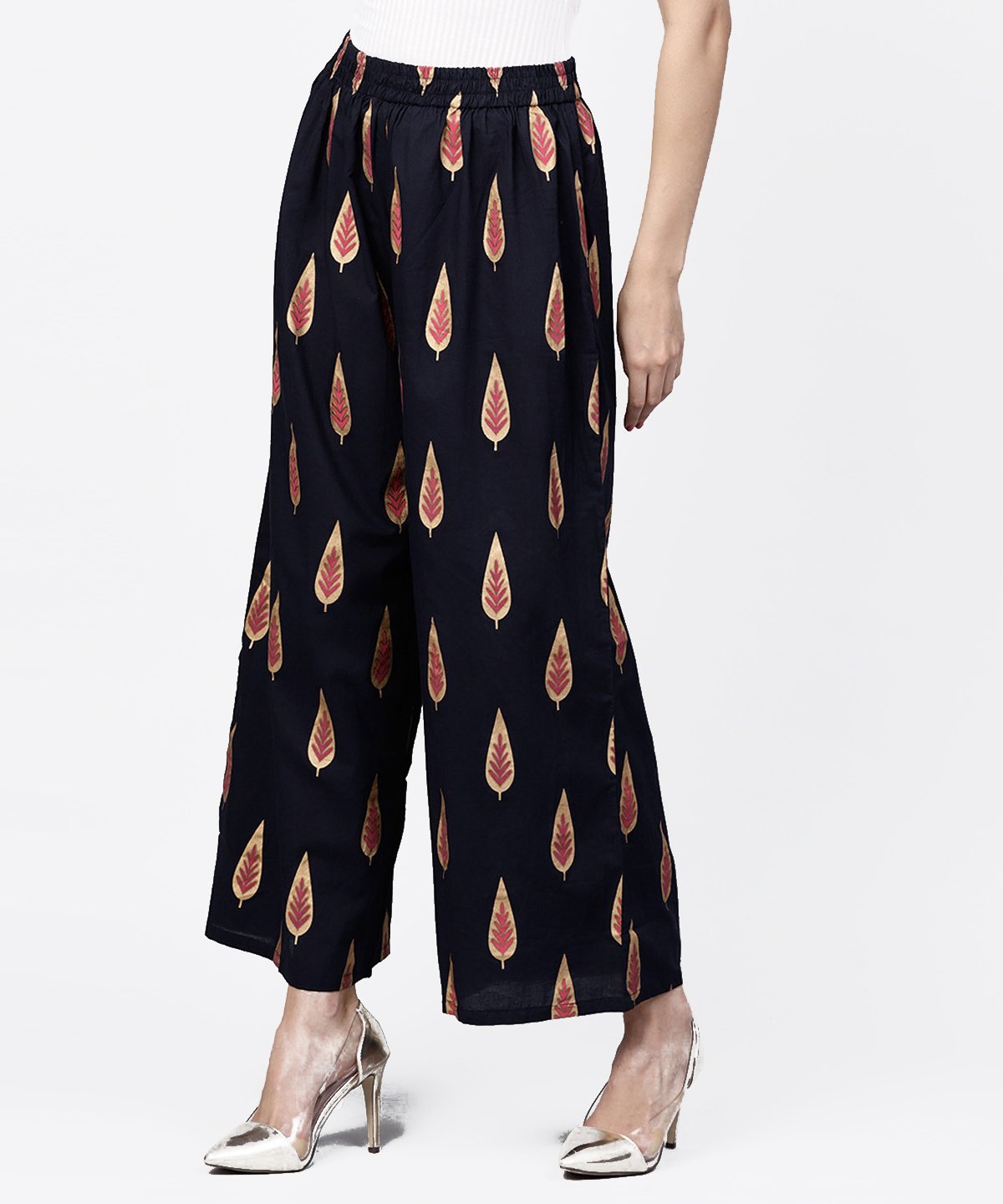 Navy Blue Khadi Gold Printed Ankle Length Palazzo | LASVINI - Redefining Indian Fashion with Elegance