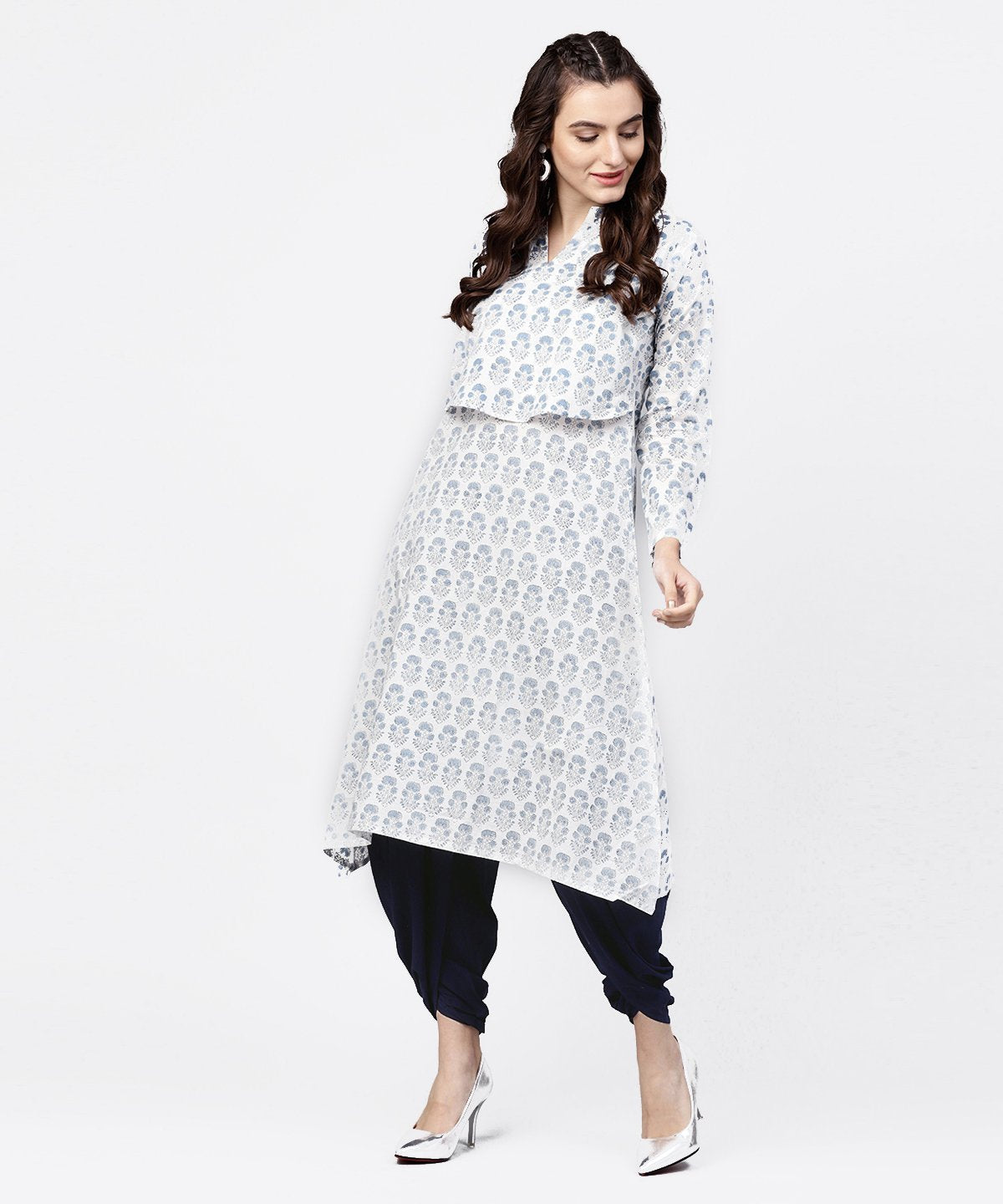 Blue Printed 3/4Th Sleeve A-Line Cotton Kurta With Solid Dye Dhoti Pant Set | LASVINI - Redefining Indian Fashion with Elegance