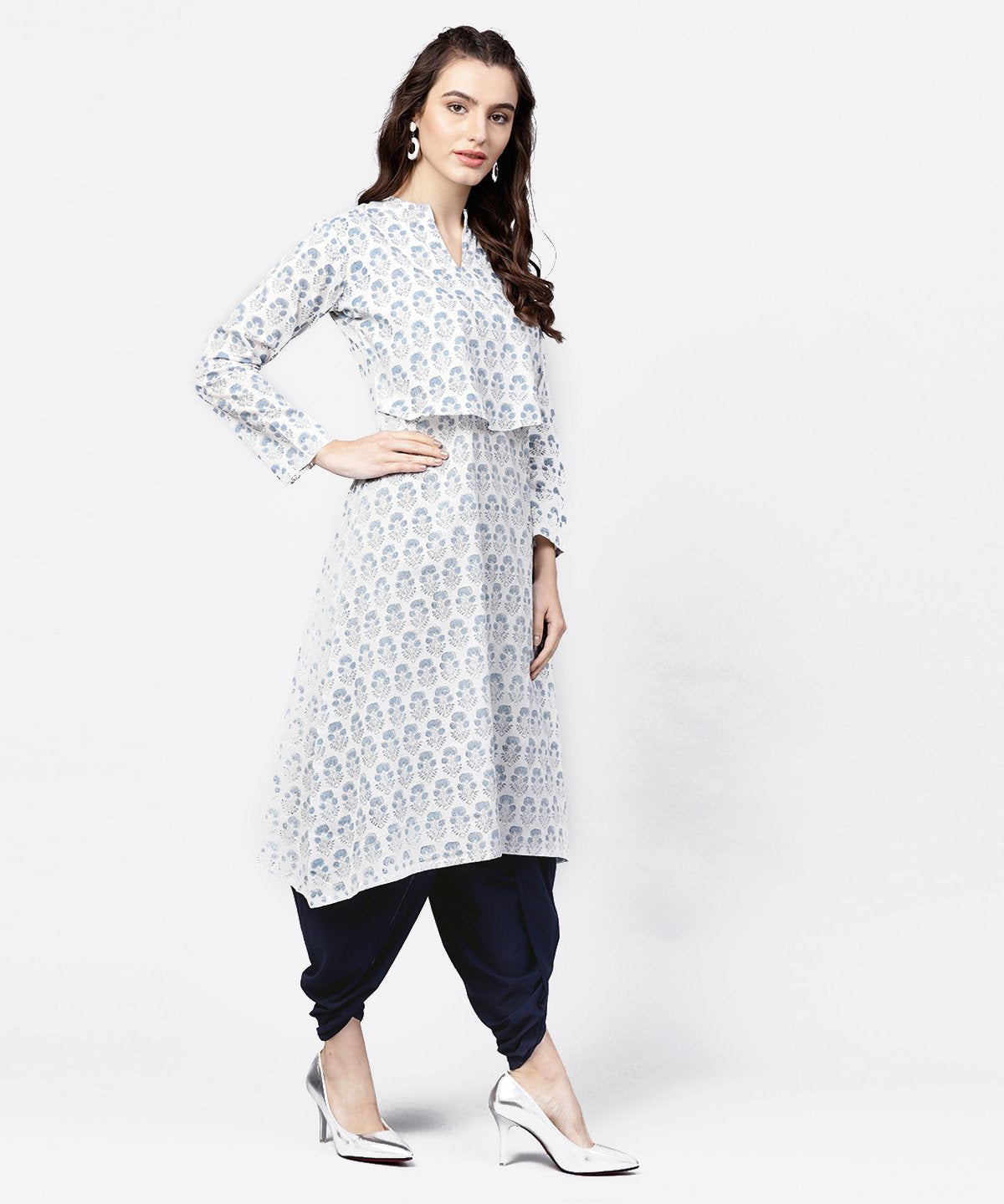 Blue Printed 3/4Th Sleeve A-Line Cotton Kurta With Solid Dye Dhoti Pant Set | LASVINI - Redefining Indian Fashion with Elegance