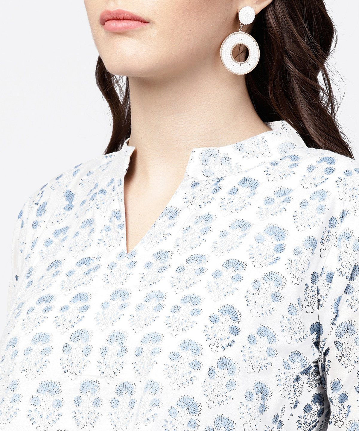 Blue Printed 3/4Th Sleeve A-Line Cotton Kurta With Solid Dye Dhoti Pant Set | LASVINI - Redefining Indian Fashion with Elegance