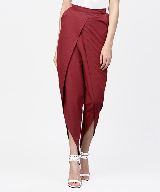 Solid Wine Ankle Length Cotton Tulip Pant | LASVINI - Redefining Indian Fashion with Elegance