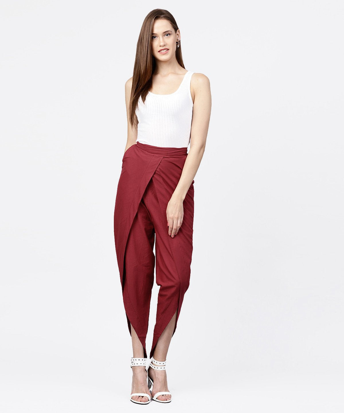 Solid Wine Ankle Length Cotton Tulip Pant | LASVINI - Redefining Indian Fashion with Elegance