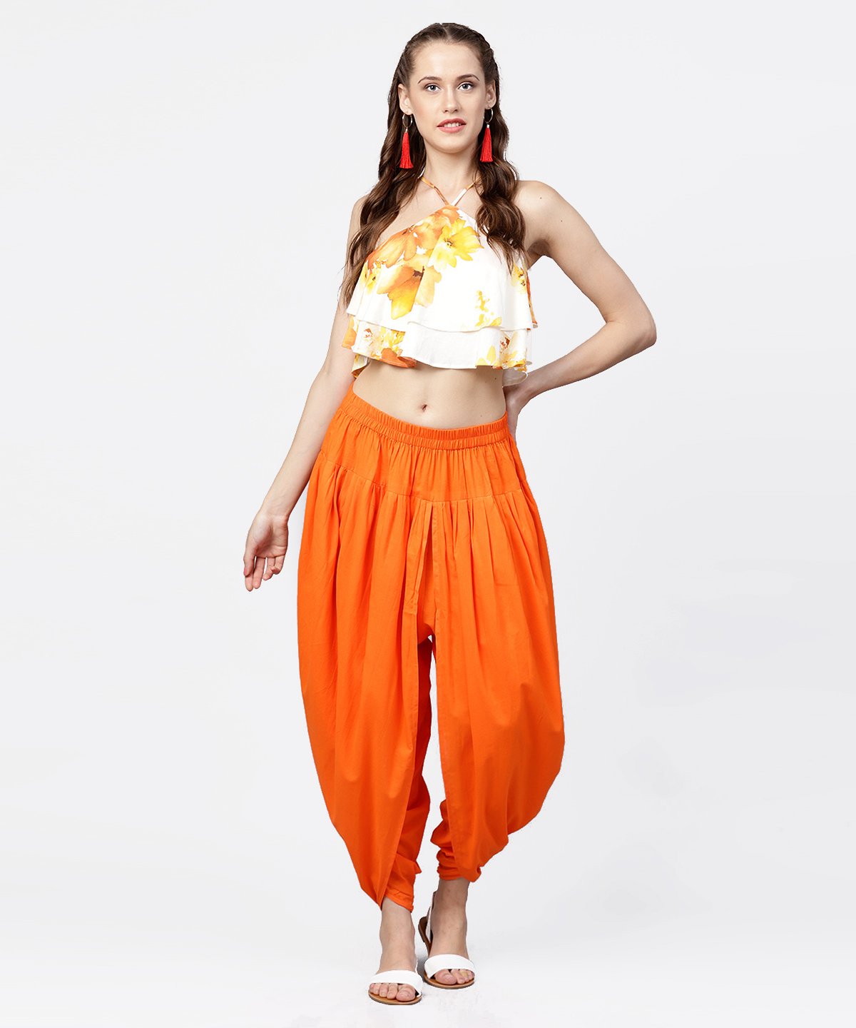 Solid Orange Ankle Length Cotton Dhoti Pant | LASVINI - Redefining Indian Fashion with Elegance