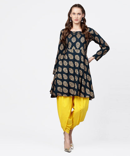 Navy Blue Khadi Gold Printed Full Sleeve Short Anarkali With Yellow Dhoti Pant Set | LASVINI - Redefining Indian Fashion with Elegance