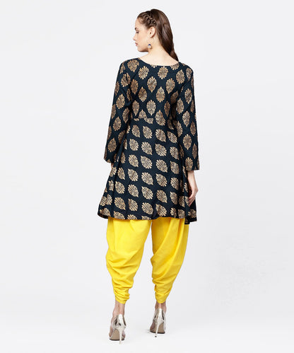 Navy Blue Khadi Gold Printed Full Sleeve Short Anarkali With Yellow Dhoti Pant Set | LASVINI - Redefining Indian Fashion with Elegance