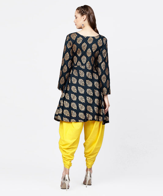Navy Blue Khadi Gold Printed Full Sleeve Short Anarkali With Yellow Dhoti Pant Set | LASVINI - Redefining Indian Fashion with Elegance