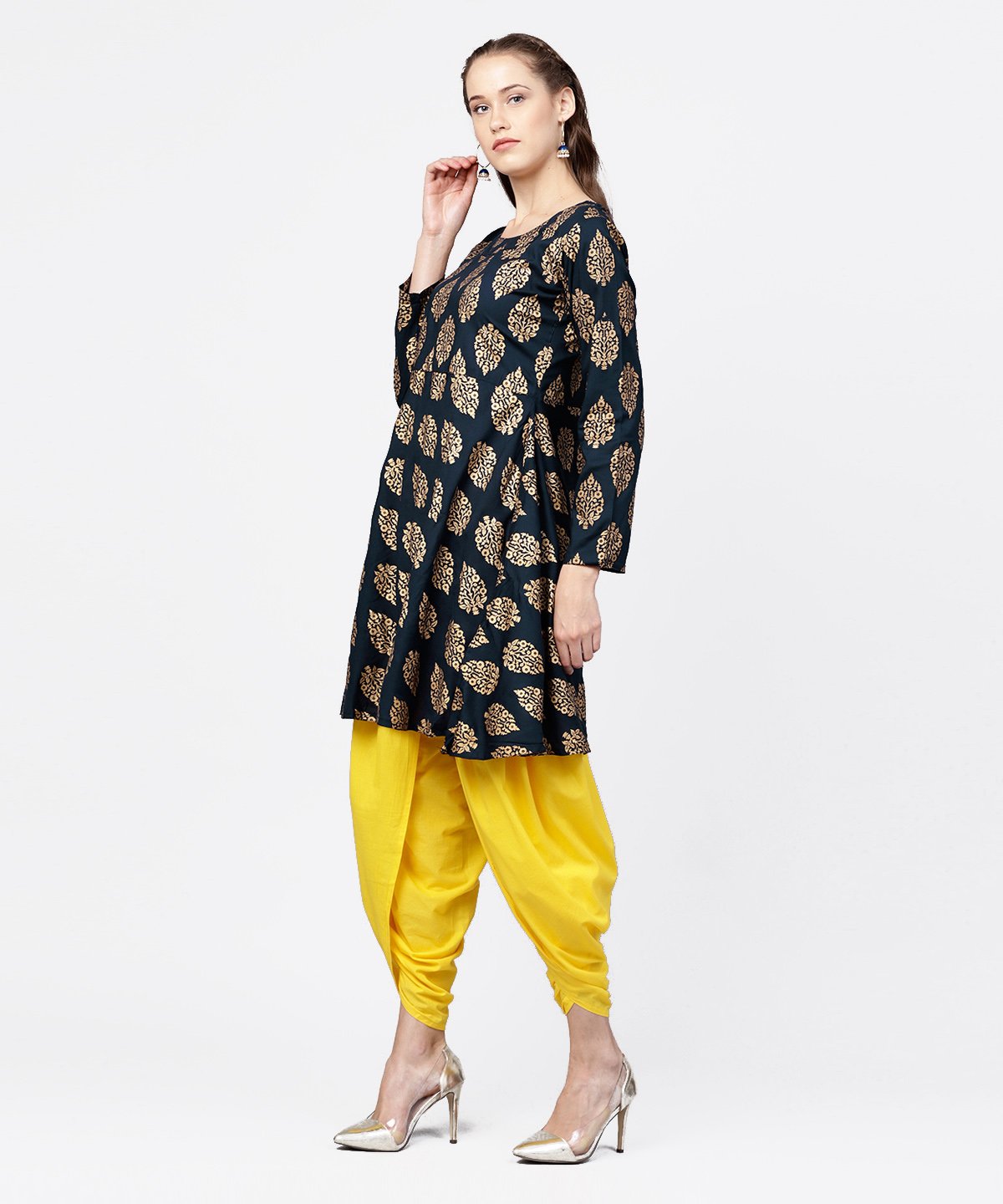 Navy Blue Khadi Gold Printed Full Sleeve Short Anarkali With Yellow Dhoti Pant Set | LASVINI - Redefining Indian Fashion with Elegance