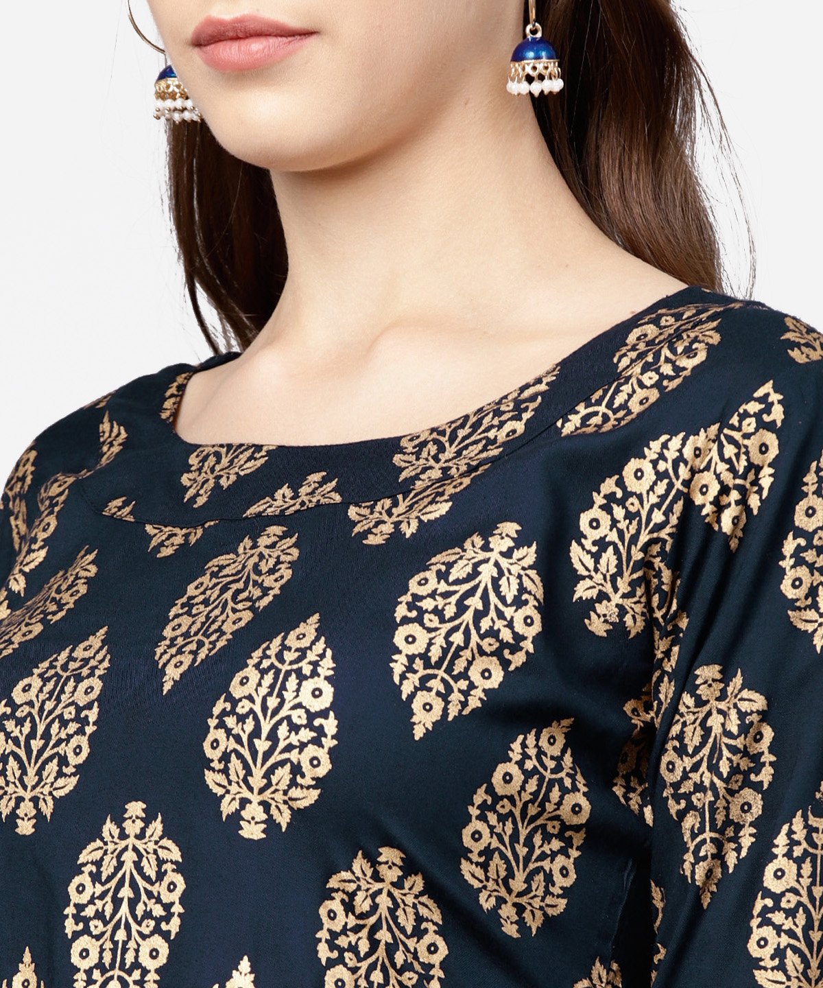 Navy Blue Khadi Gold Printed Full Sleeve Short Anarkali With Yellow Dhoti Pant Set | LASVINI - Redefining Indian Fashion with Elegance