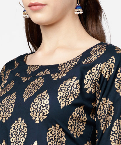 Navy Blue Khadi Gold Printed Full Sleeve Short Anarkali With Yellow Dhoti Pant Set | LASVINI - Redefining Indian Fashion with Elegance