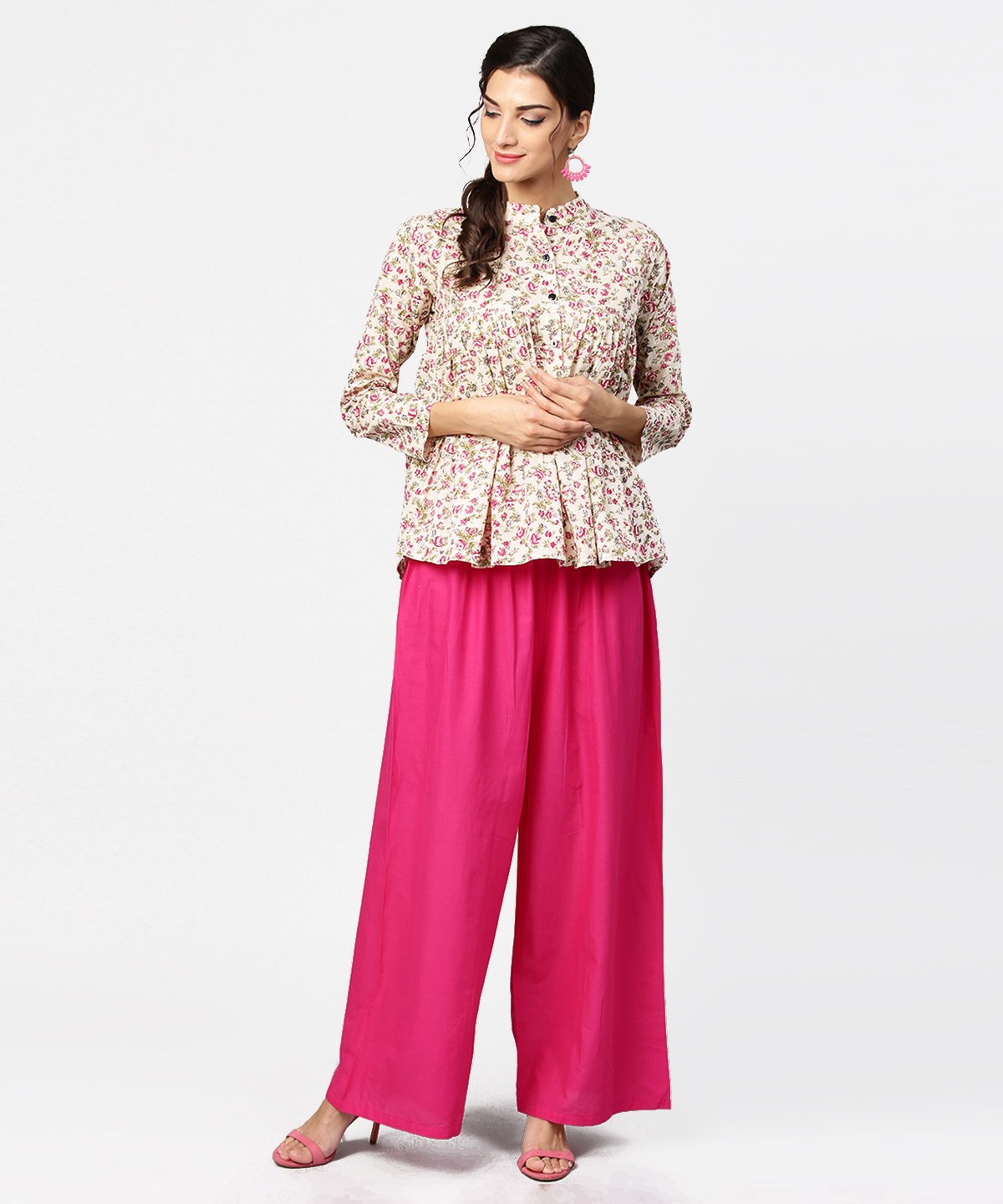 Floral Printed 3/4Th Sleeve Short Cotton Top With Solid Pink Palazzo | LASVINI - Redefining Indian Fashion with Elegance