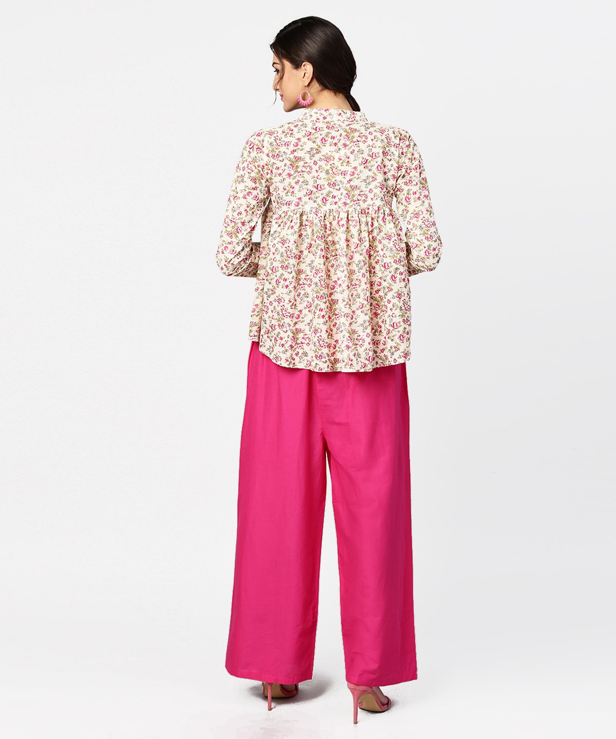 Floral Printed 3/4Th Sleeve Short Cotton Top With Solid Pink Palazzo | LASVINI - Redefining Indian Fashion with Elegance