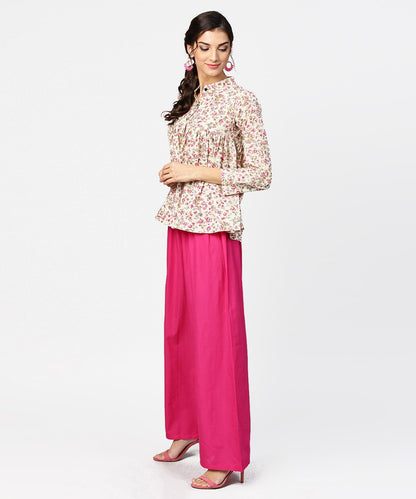 Floral Printed 3/4Th Sleeve Short Cotton Top With Solid Pink Palazzo | LASVINI - Redefining Indian Fashion with Elegance