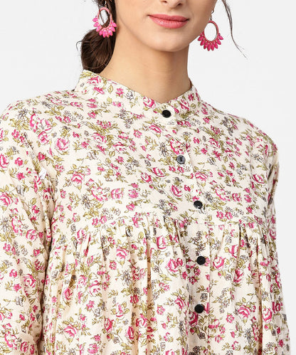 Floral Printed 3/4Th Sleeve Short Cotton Top With Solid Pink Palazzo | LASVINI - Redefining Indian Fashion with Elegance