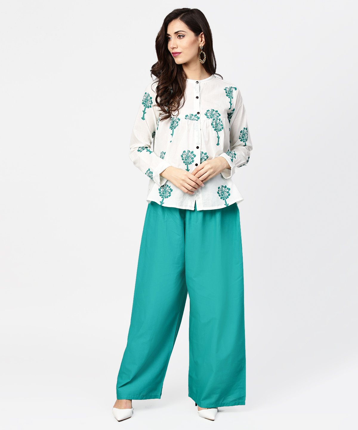 White Printed 3/4Th Sleeve Cotton Tops With Green Palazzo Set | LASVINI - Redefining Indian Fashion with Elegance