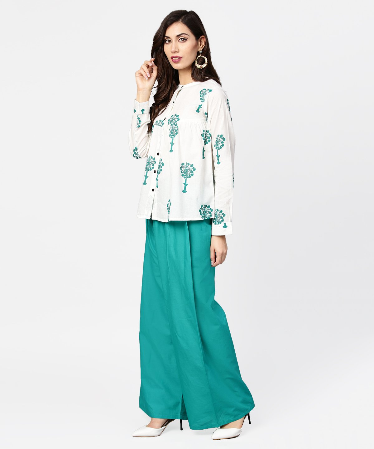White Printed 3/4Th Sleeve Cotton Tops With Green Palazzo Set | LASVINI - Redefining Indian Fashion with Elegance