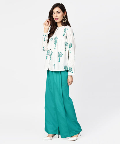White Printed 3/4Th Sleeve Cotton Tops With Green Palazzo Set | LASVINI - Redefining Indian Fashion with Elegance