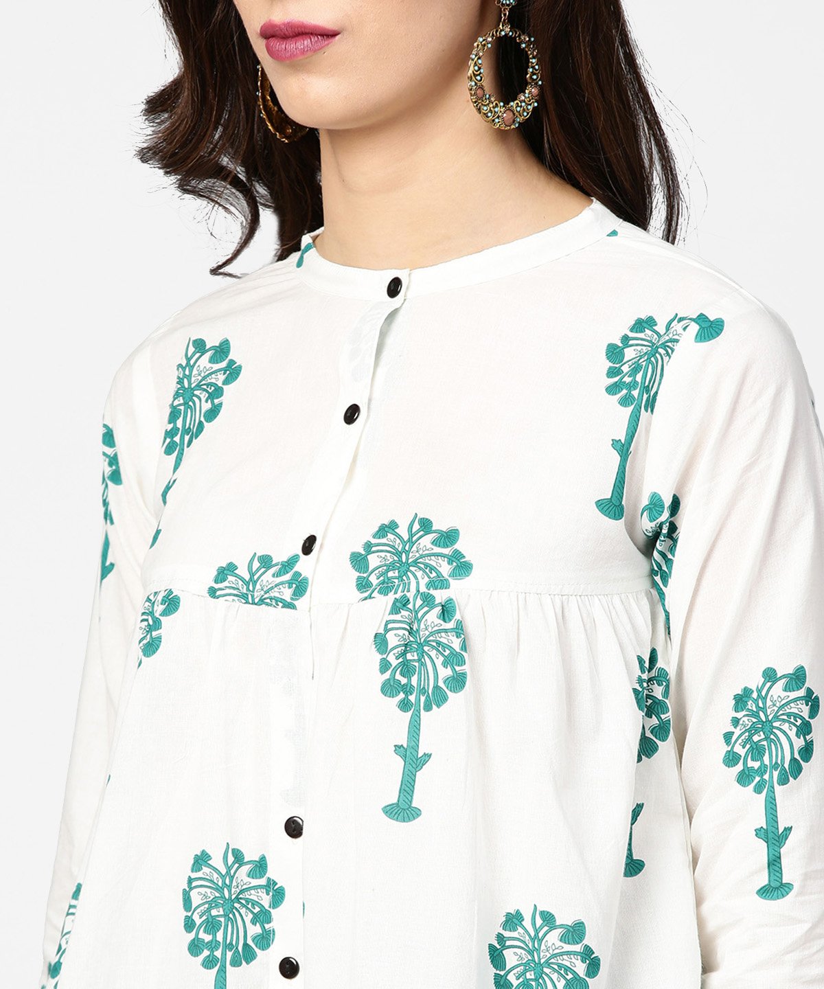White Printed 3/4Th Sleeve Cotton Tops With Green Palazzo Set | LASVINI - Redefining Indian Fashion with Elegance