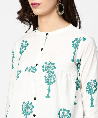 White Printed 3/4Th Sleeve Cotton Tops With Green Palazzo Set | LASVINI - Redefining Indian Fashion with Elegance