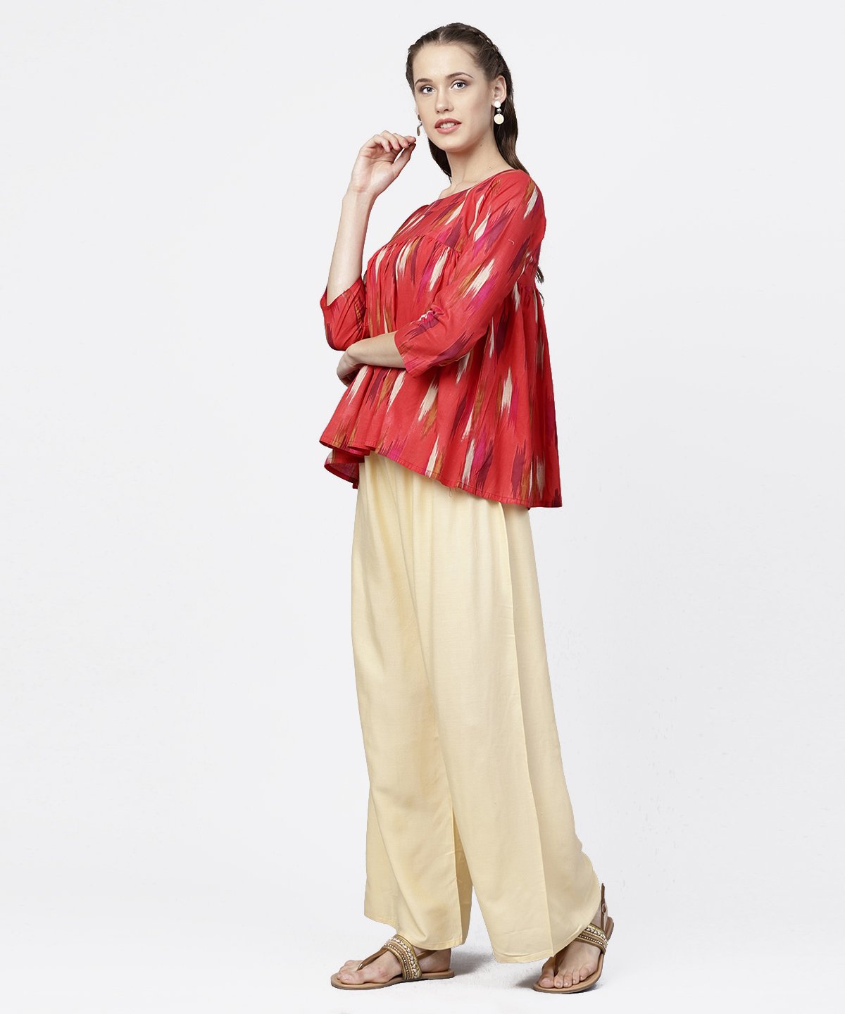 Red 3/4Th Sleeve Short Cotton Flared Sleeve Top With Beige Ankle Length Regular Fit Palazzo | LASVINI - Redefining Indian Fashion with Elegance