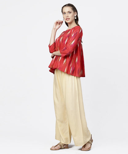 Red 3/4Th Sleeve Short Cotton Flared Sleeve Top With Beige Ankle Length Regular Fit Palazzo | LASVINI - Redefining Indian Fashion with Elegance