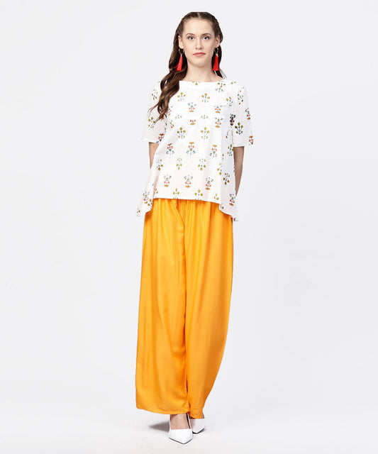 White Printed Half Sleeve Short Cotton Top With Yellow Regular Fit Palazzo | LASVINI - Redefining Indian Fashion with Elegance
