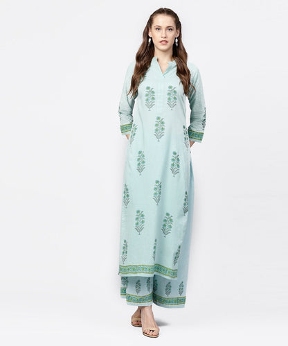Green Hand Block Printed 3/4Th Sleeve Cottonkurta With Block Printed Palazzo Set | LASVINI - Redefining Indian Fashion with Elegance
