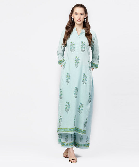Green Hand Block Printed 3/4Th Sleeve Cottonkurta With Block Printed Palazzo Set | LASVINI - Redefining Indian Fashion with Elegance