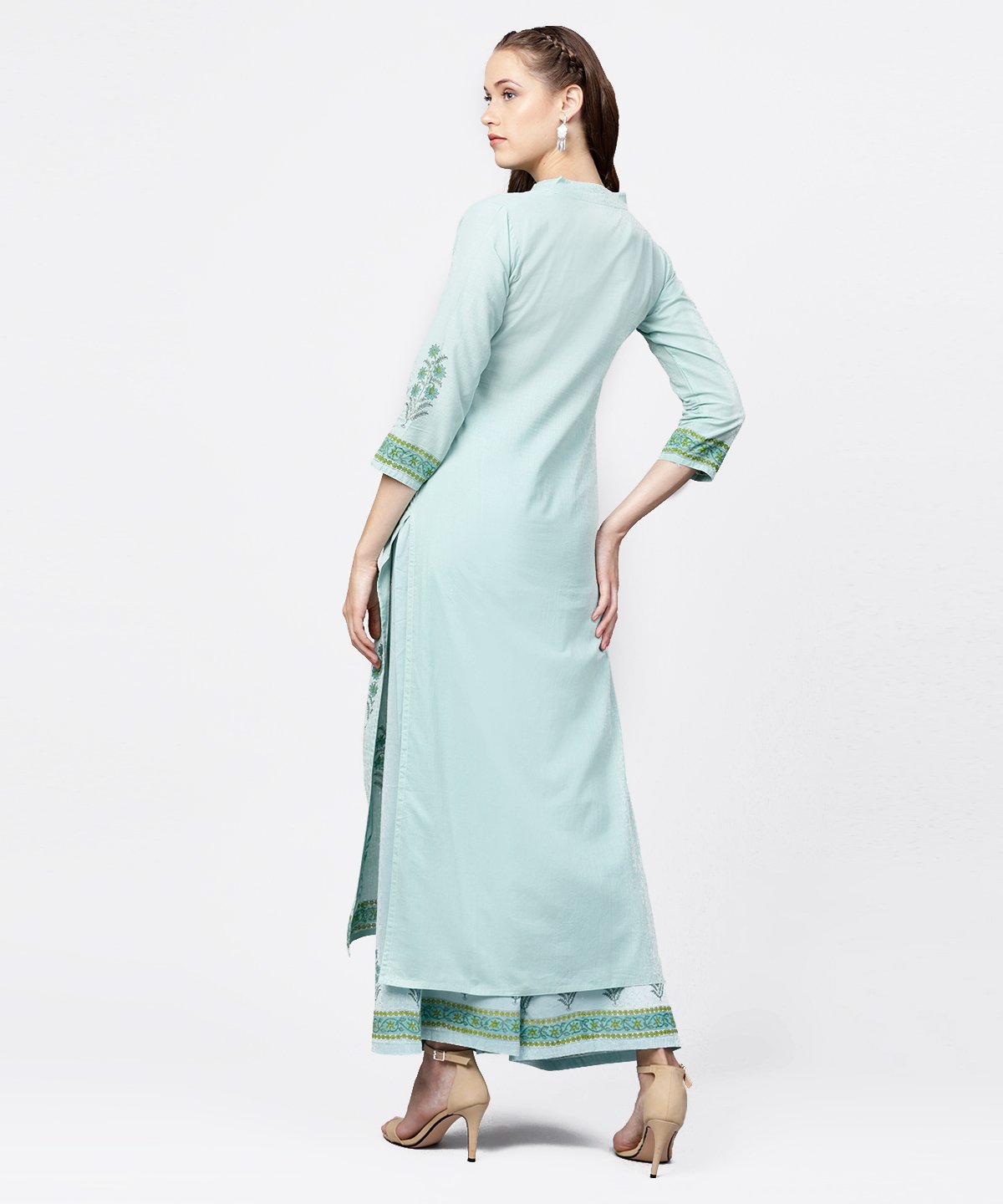 Green Hand Block Printed 3/4Th Sleeve Cottonkurta With Block Printed Palazzo Set | LASVINI - Redefining Indian Fashion with Elegance