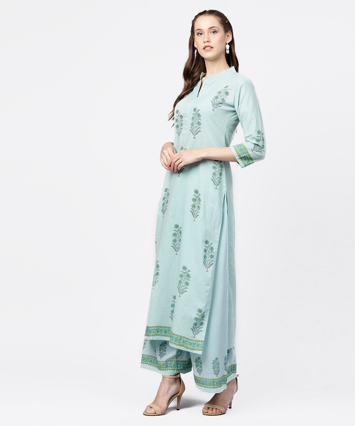 Green Hand Block Printed 3/4Th Sleeve Cottonkurta With Block Printed Palazzo Set | LASVINI - Redefining Indian Fashion with Elegance