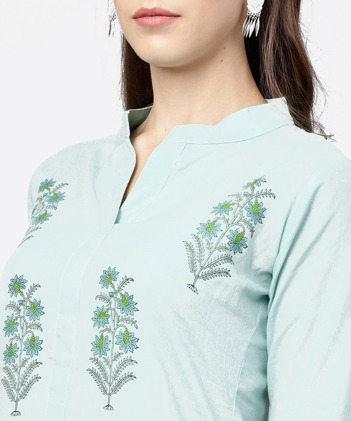 Green Hand Block Printed 3/4Th Sleeve Cottonkurta With Block Printed Palazzo Set | LASVINI - Redefining Indian Fashion with Elegance