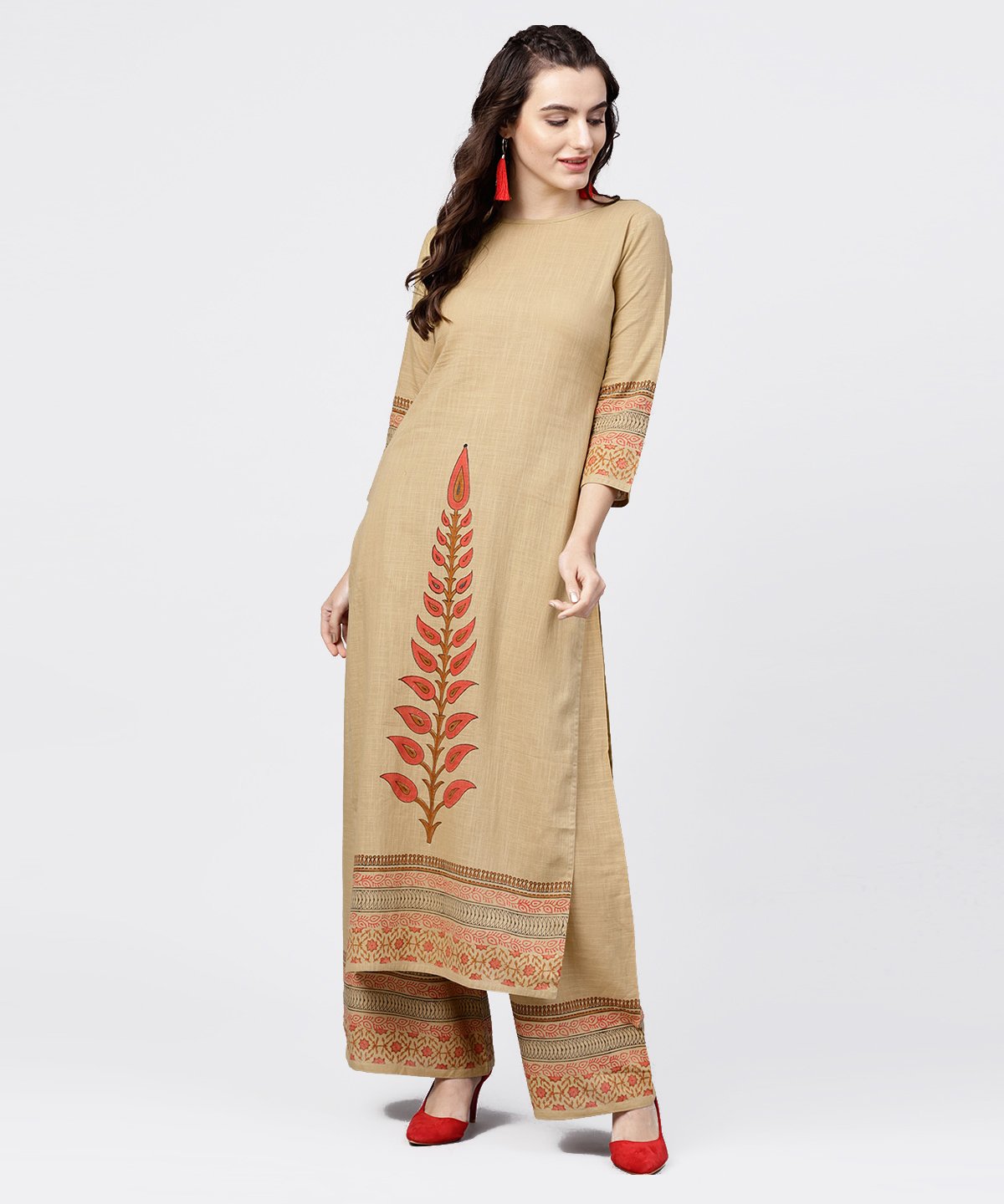 Mustard Yellow 3//4Th Sleeve Hand Block Printed Kurta With Hand Block Printed Palazzo Set | LASVINI - Redefining Indian Fashion with Elegance