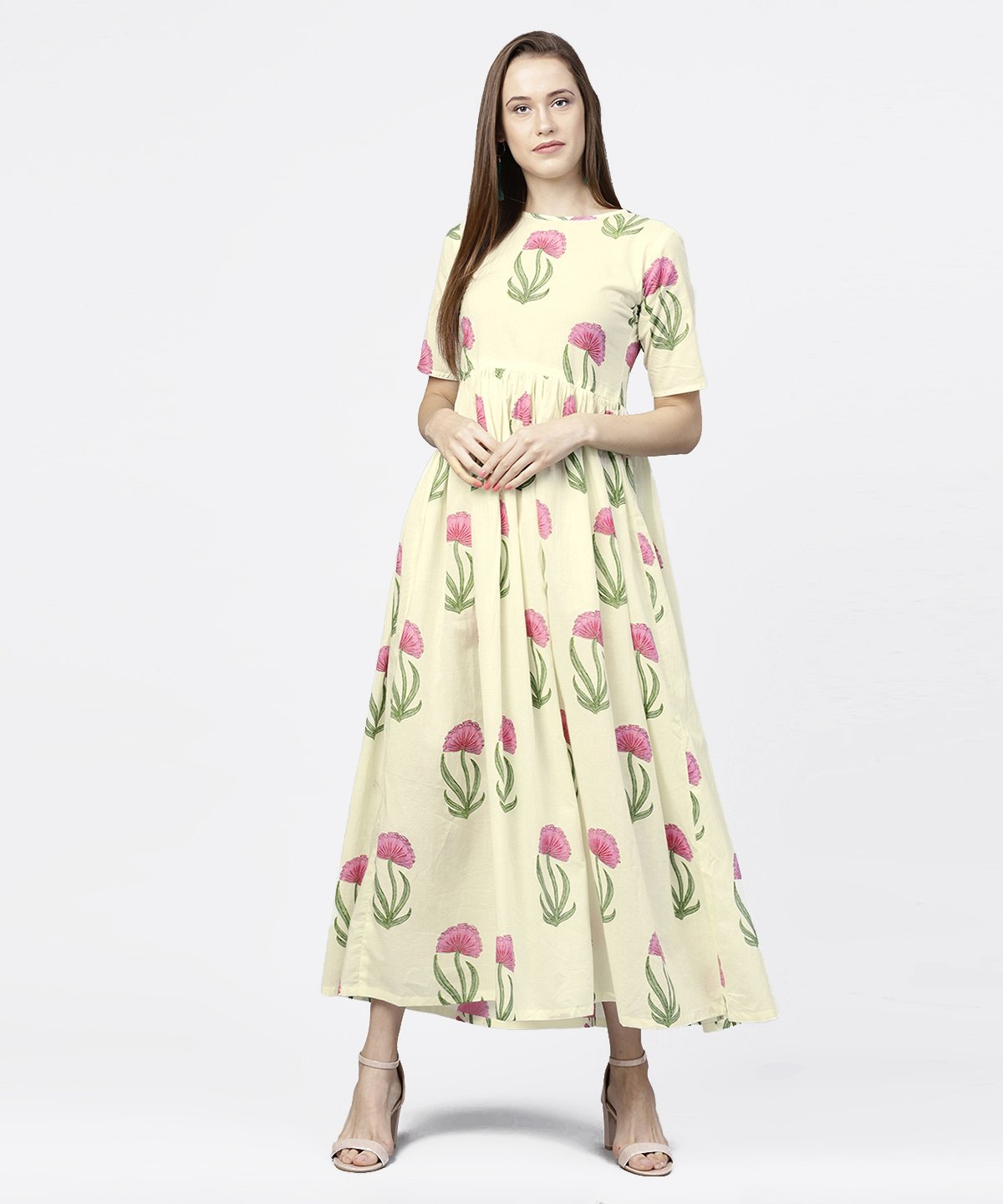 Off White Floral Printed Half Sleeve Cotton Maxi Dress | LASVINI - Redefining Indian Fashion with Elegance